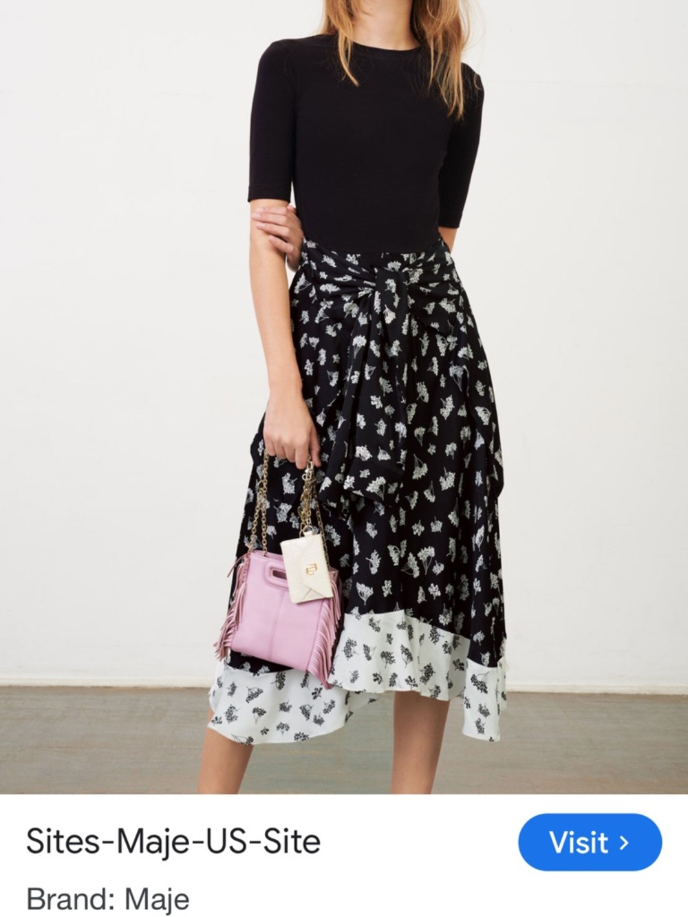 Maje Black and White Floral High-Low Tie-Waist dress